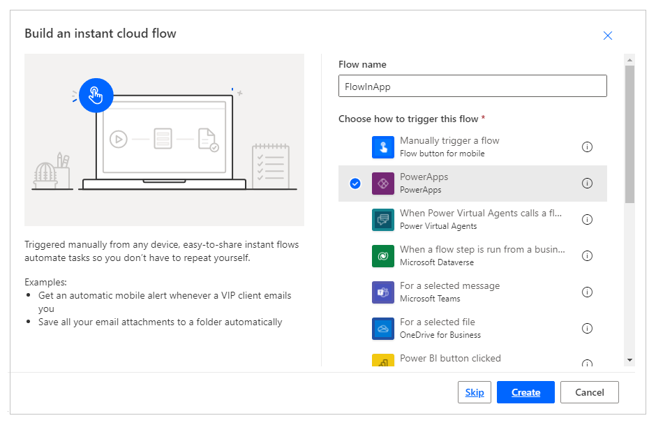 Creare un flusso istantaneo utilizzando il trigger di Power Apps.