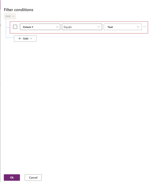 Condizioni di filtro per la colonna prompt