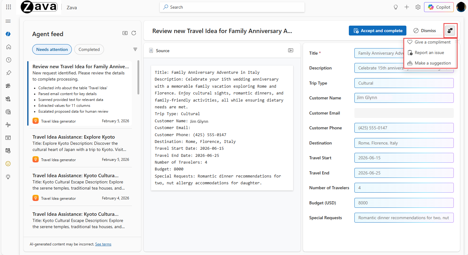 Pulsante di feedback del feed agente