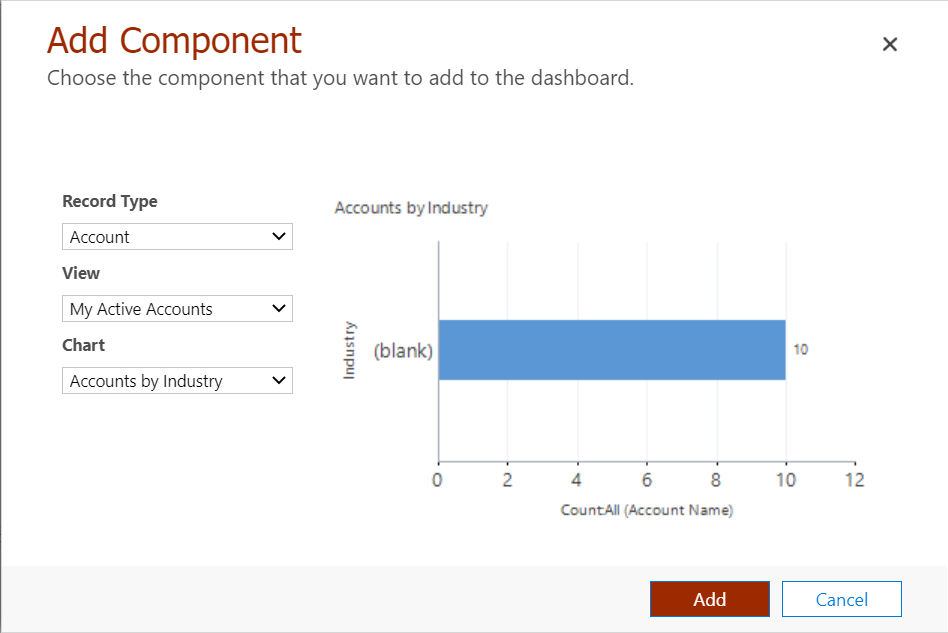 Finestra di dialogo Aggiungi un componente al dashboard