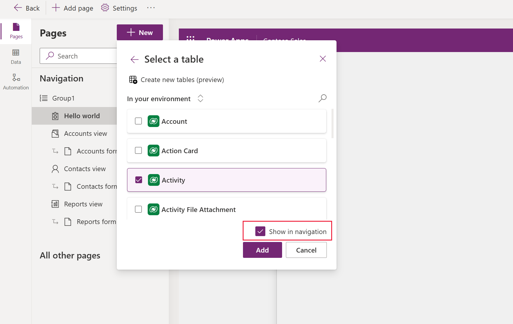 Aggiungi pagine di modulo e visualizzazione tabella