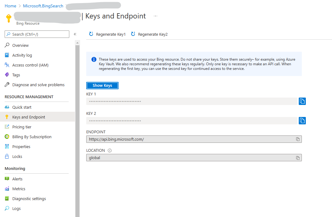 Chiave API di Bing Search Services ed endpoint.
