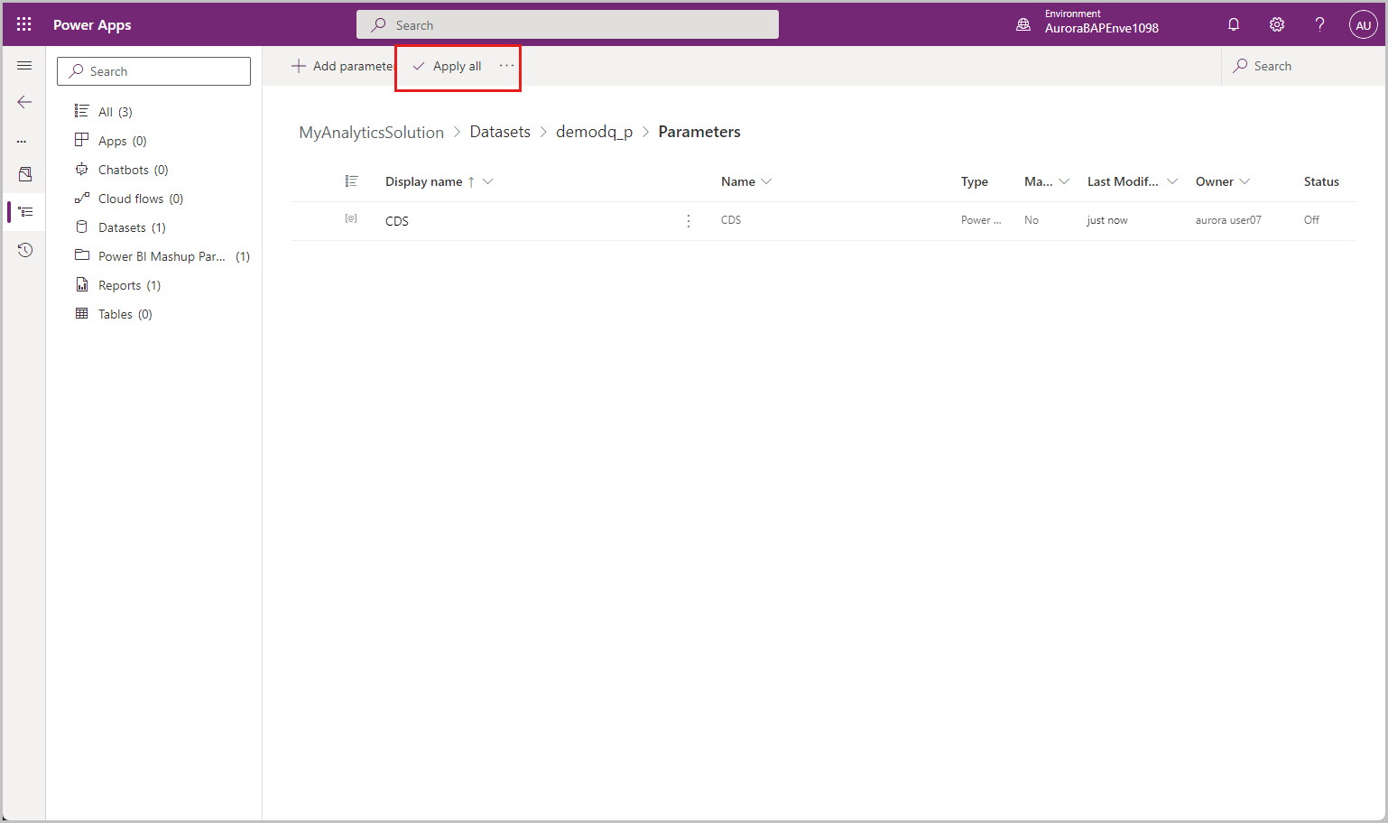 Screenshot di come applicare tutti i valori dei parametri.