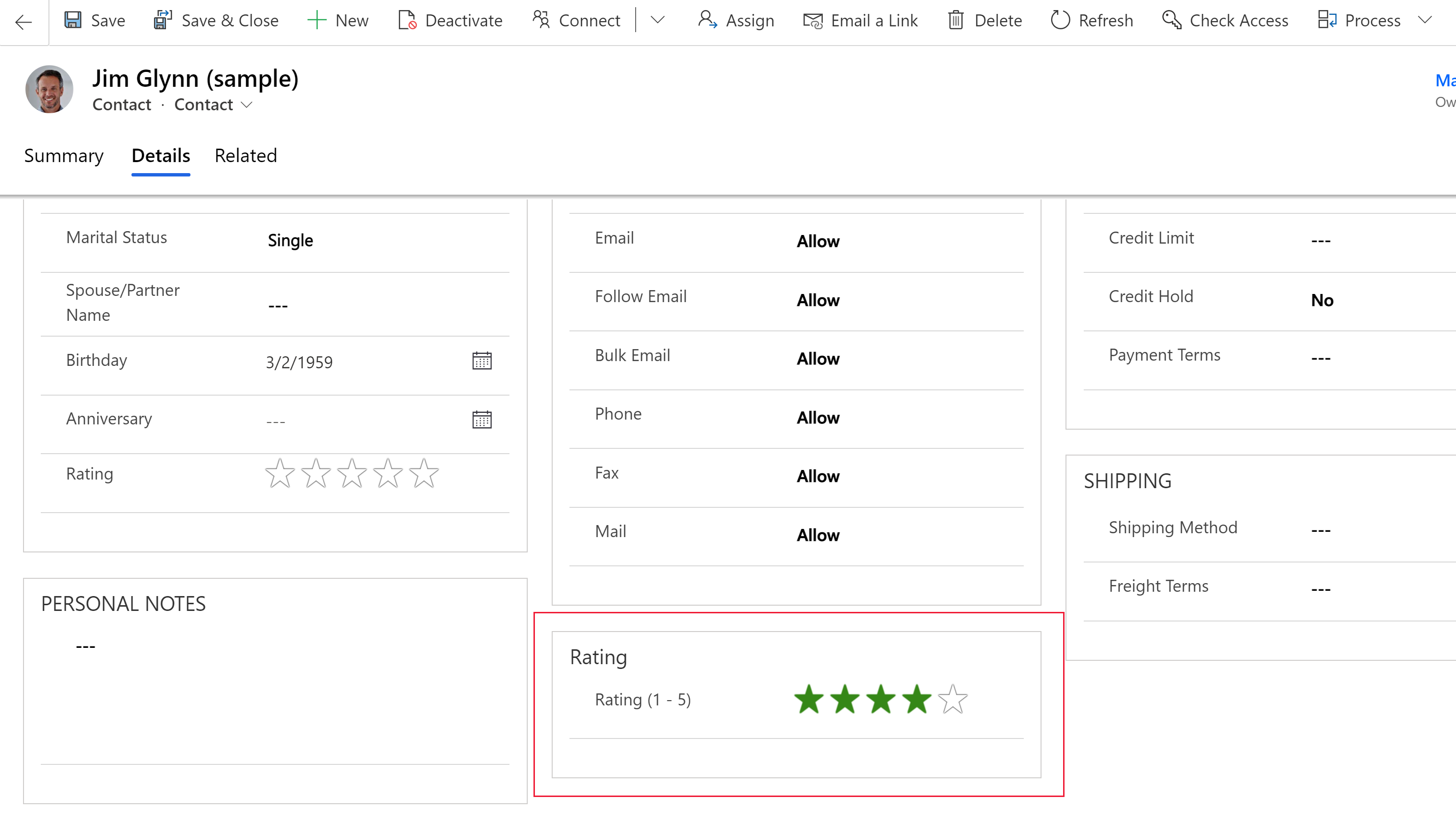 Esempio di controllo Valutazione con stelle in un'app basata su modello.