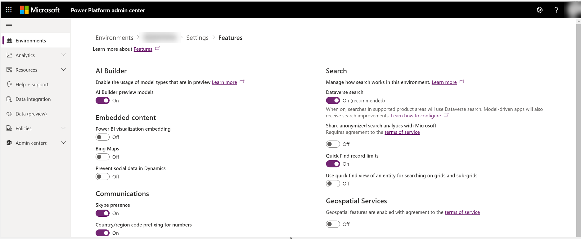 Interfaccia di amministrazione di Power Platform con l'abilitazione della ricerca di Dataverse