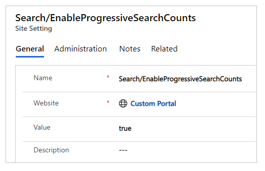 Impostazione di sito Ricerca progressiva di Search/EnableProgressiveSearchCounts impostata su true.