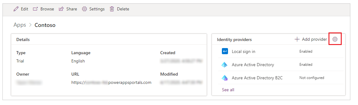 Impostazioni di autenticazione generali nella pagina dei dettagli Impostazioni di autenticazione generali nella pagina dei dettagli.