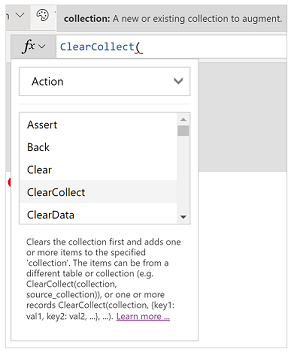 Funzione ClearCollect() selezionata.