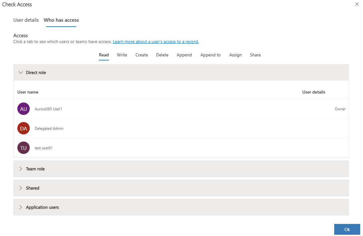 Screenshot che mostra chi ha accesso al record.