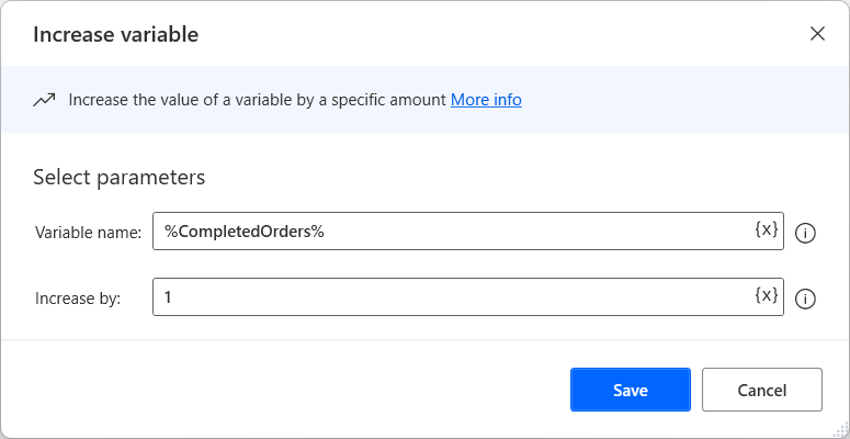 Screenshot dell'azione Aumenta variabile.