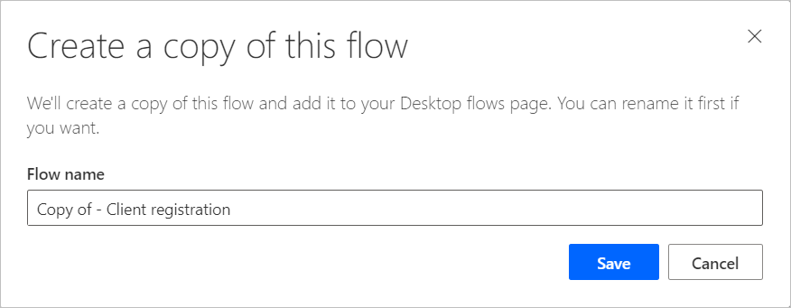 Screenshot del campo per immettere il nome del nuovo flusso desktop.