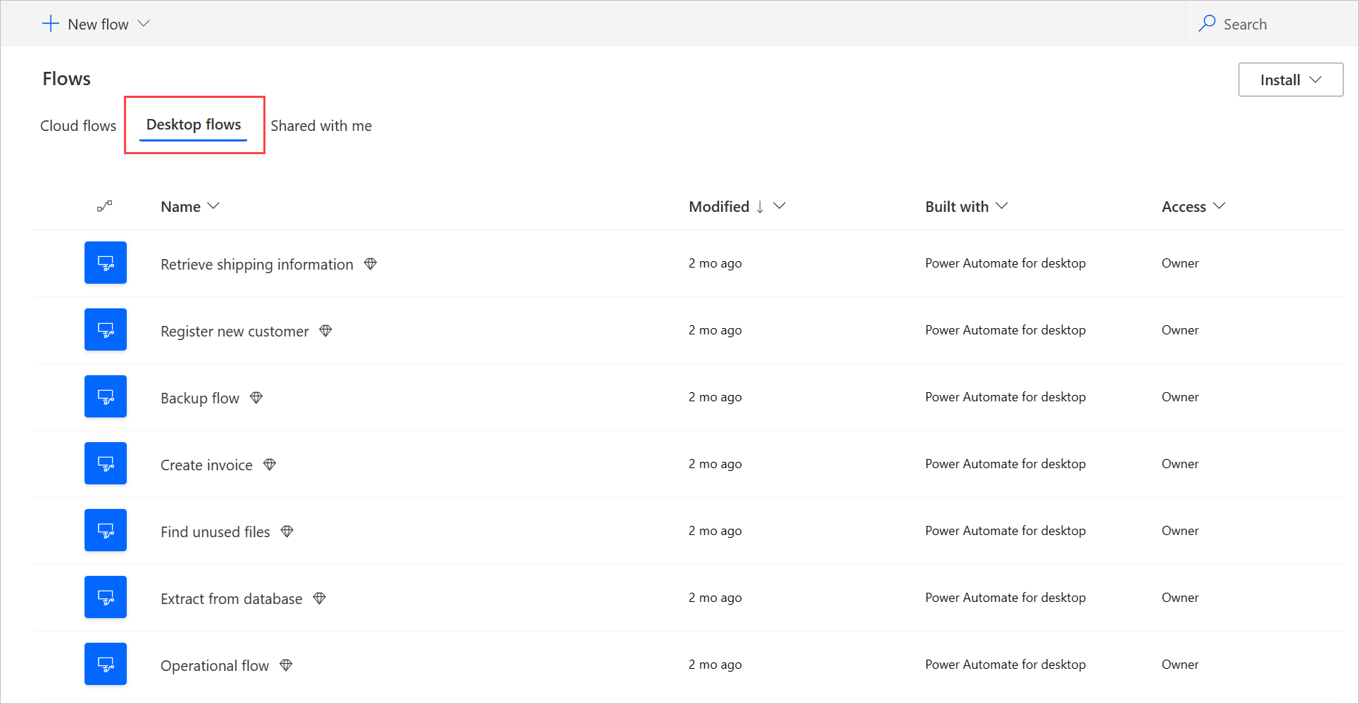 Screenshot dell'elenco di tutti i flussi desktop.