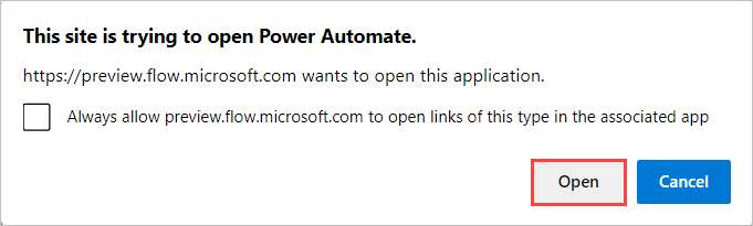 Screenshot di un messaggio del browser che chiede se avviare Power Automate.