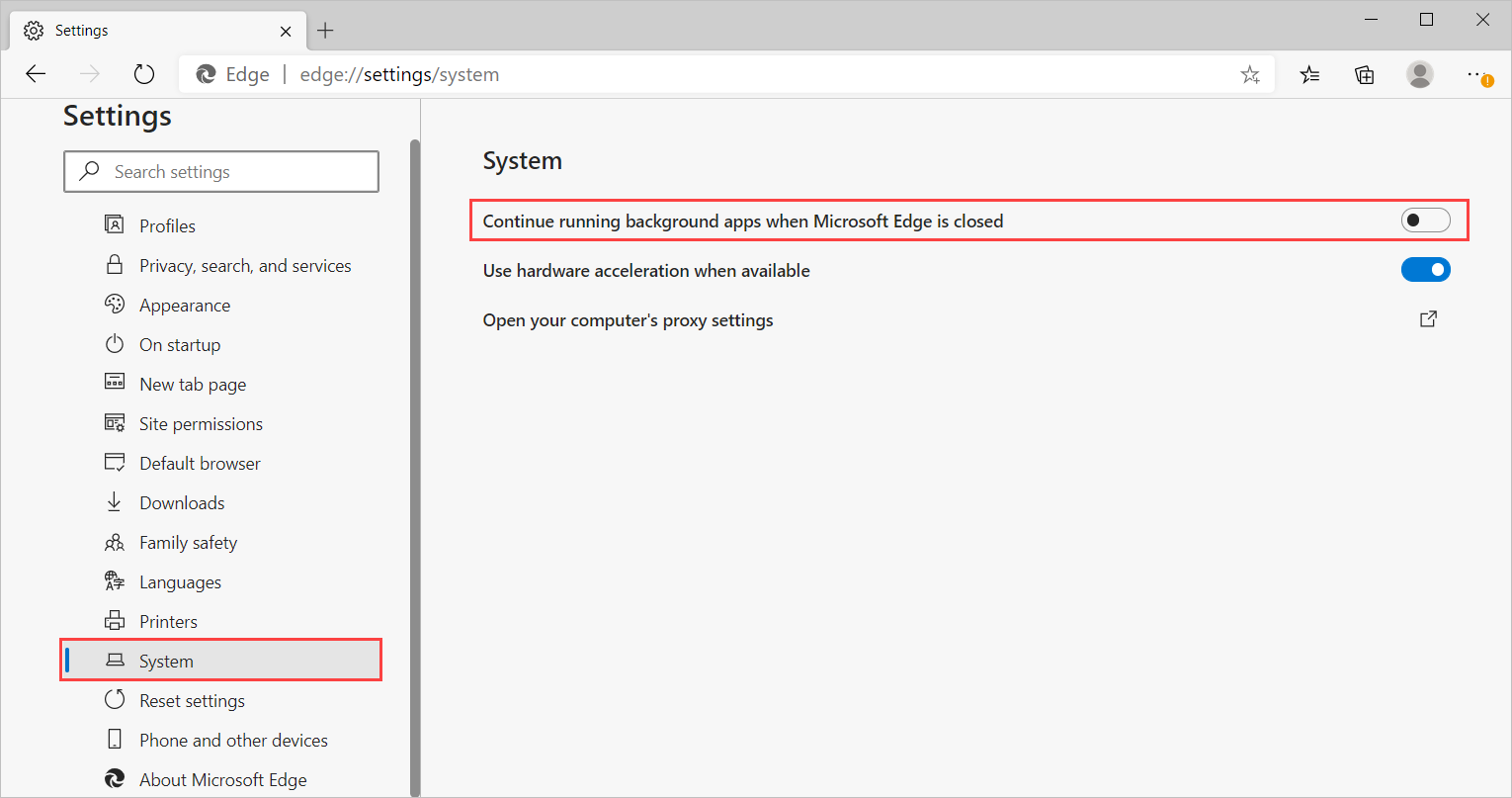 Screenshot delle impostazioni di Microsoft Edge.