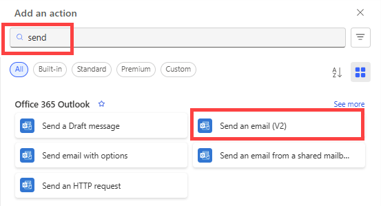 Screenshot che mostra come selezionare l'azione Invia messaggio e-mail per le richieste rifiutate nella nuova finestra di progettazione.