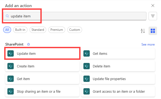 Screenshot che mostra come selezionare l'azione Aggiorna elemento SharePoint per le richieste rifiutatte nella nuova finestra di progettazione.