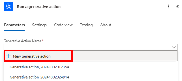 Screenshot dell'opzione per creare una nuova azione generativa.