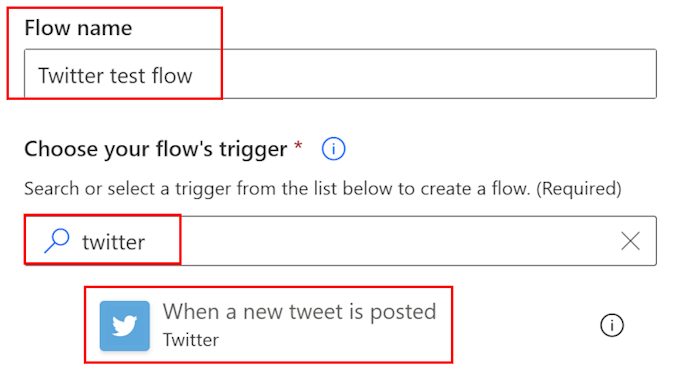 Screenshot del nome del flusso e ricerca del trigger Twitter.