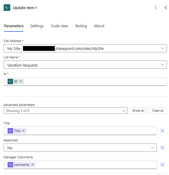 Screenshot che mostra la configurazione dell'elemento di aggiornamento per le richieste rifiutate nella nuova finestra di progettazione.