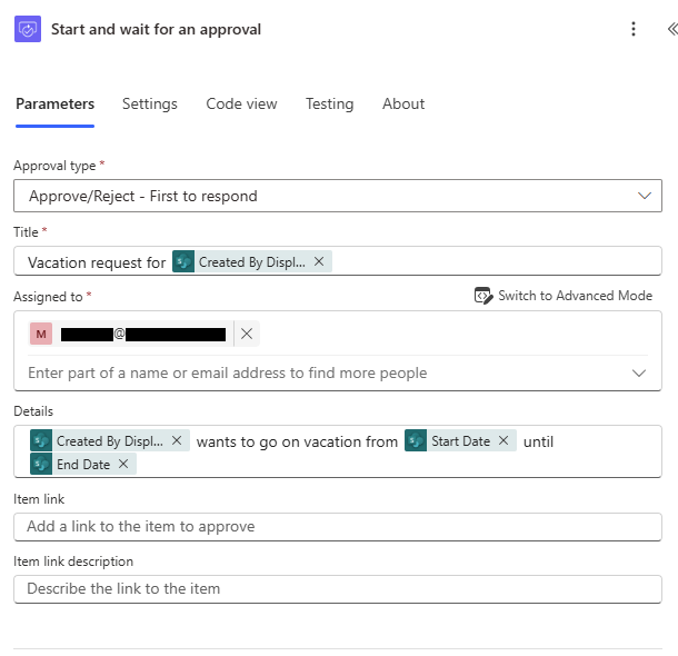 Screenshot che mostra come configurare la scheda Avvio e attesa per l'approvazione nella nuova finestra di progettazione.