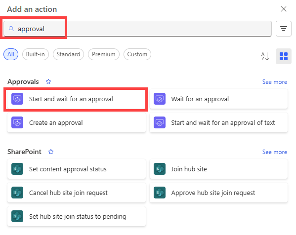 Screenshot che mostra come selezionare l'azione di approvazione nella nuova finestra di progettazione.