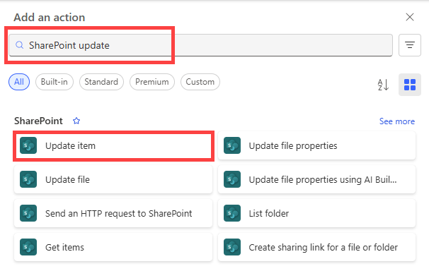 Screenshot che mostra come selezionare l'azione Aggiorna dell'elemento SharePoint se vero nella nuova finestra di progettazione.