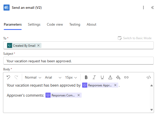 Screenshot che mostra come configurare un'e-mail nella nuova finestra di progettazione.