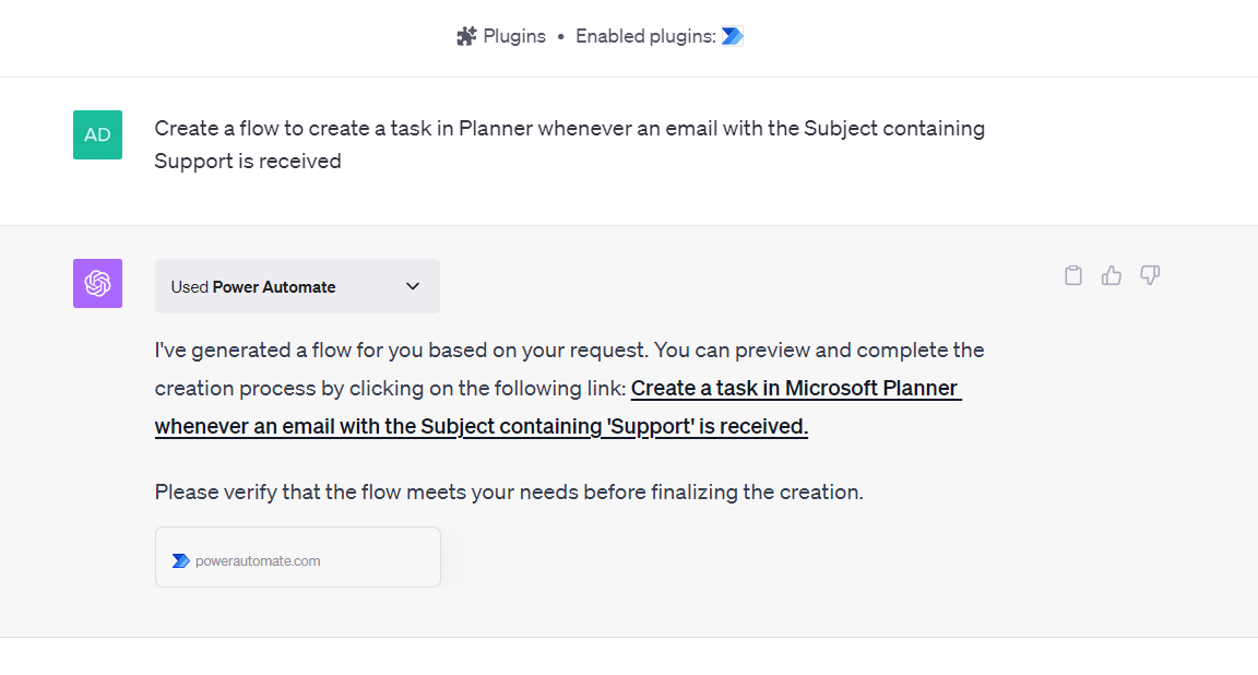 Screenshot di una conversazione con ChatGPT in cui il plug-in Power Automate viene utilizzato per creare un flusso che invia una notifica quando il responsabile dell'utente gli invia un'e-mail ad alta priorità.