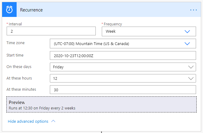 Screenshot that shows the option to select advanced recurrence options.