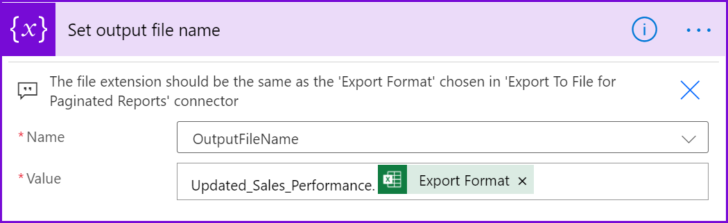 Screenshot that shows where to select the name of the report and a file extension.