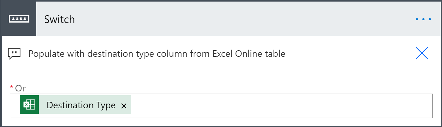 Screenshot that shows the Switch section where you populate the On box with the column in your Excel Online table.