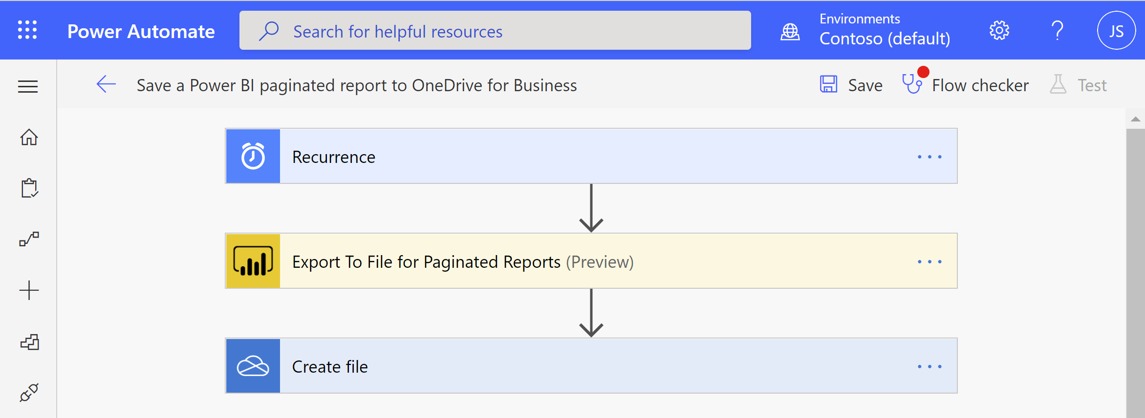 Screenshot of the Power Automate flow for saving a paginated report to OneDrive or SharePoint Online