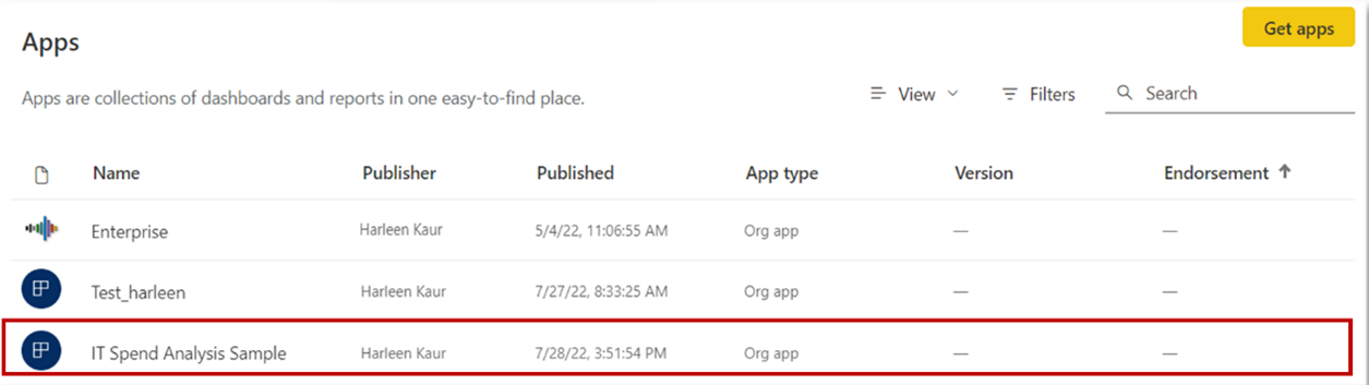 Screenshot che mostra le app Power BI con l'app pubblicata inclusa.