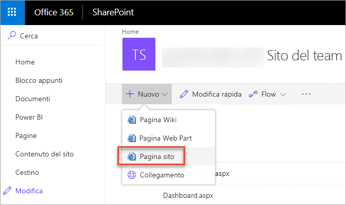 Screenshot della finestra di SharePoint. Le pagine sono evidenziate nel riquadro di spostamento. La pagina del sito è selezionata.