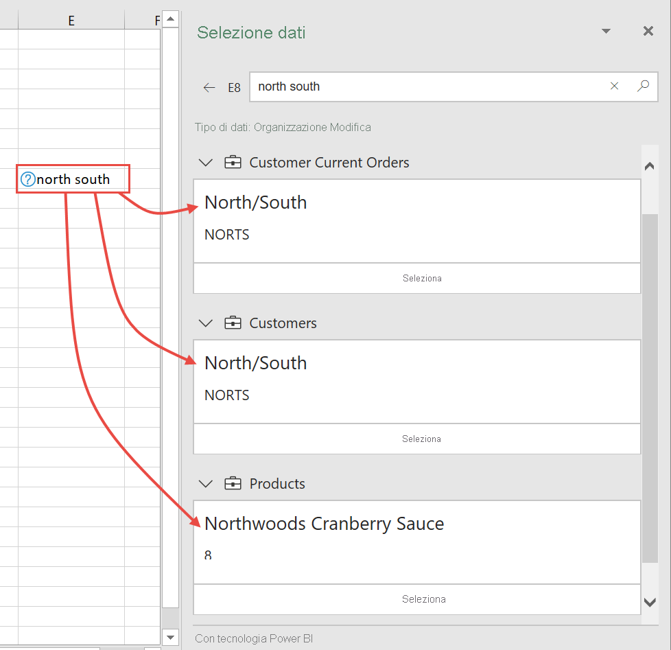 Screenshot of Excel Data Selector pane with multiple possibilities.