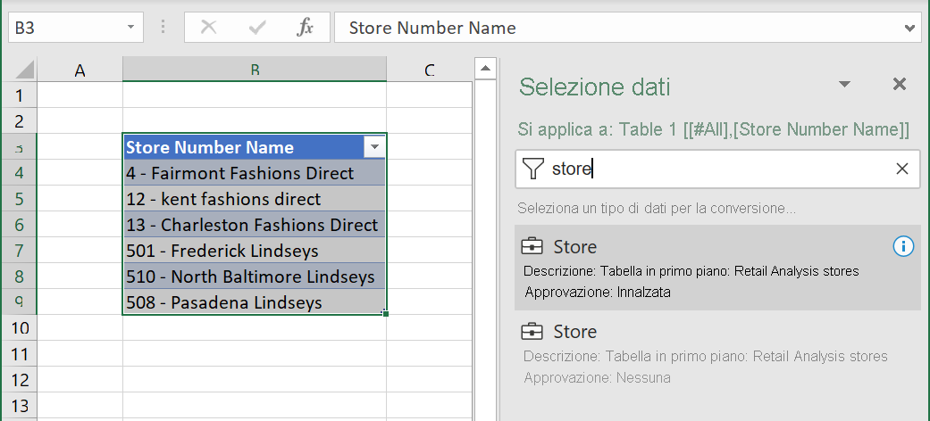 Screenshot of Excel Organizational Data, Suppliers data type table.