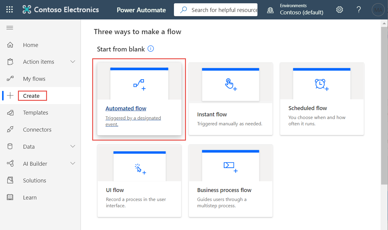 Screenshot of the Power Automate > Create Automated cloud flow screen.