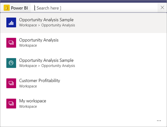 Screenshot della barra di ricerca di Teams che mostra un elenco di report e area di lavoro personale nell'app Power BI.