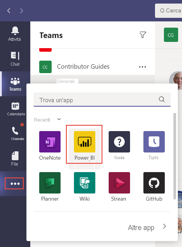 Screenshot of the Teams page with More added apps menu selected. Power BI is entered in the search bar and selected from the apps list.
