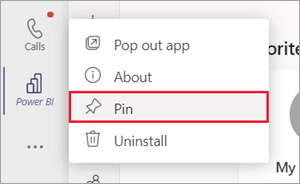 Screenshot del riquadro di spostamento di Teams. L'icona di Power BI è selezionata con il pulsante destro del mouse e l'opzione pin è selezionata.