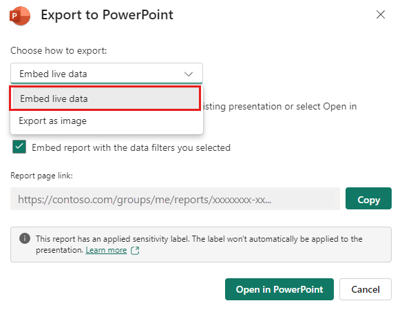 Screenshot dell'opzione Incorpora dati live del report di Power BI.