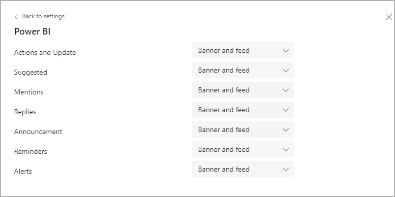 Screenshot showing Customize how Power BI notifications are received in Microsoft Teams.