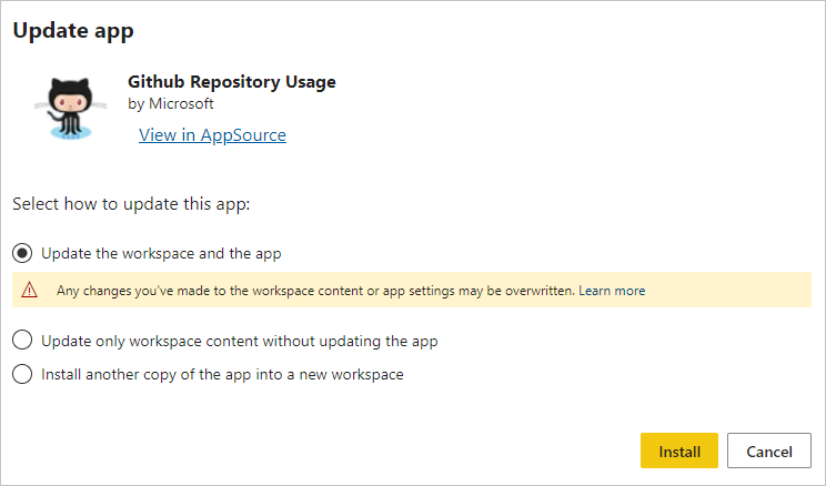 Screenshot della finestra di dialogo di aggiornamento dell'applicazione modello.