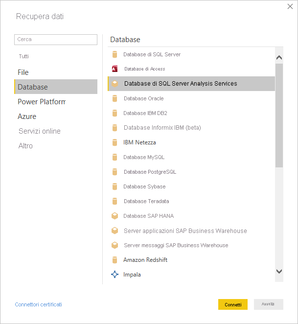 Screenshot shows the Get Data dialog with SQL Server Analysis Services database selected.