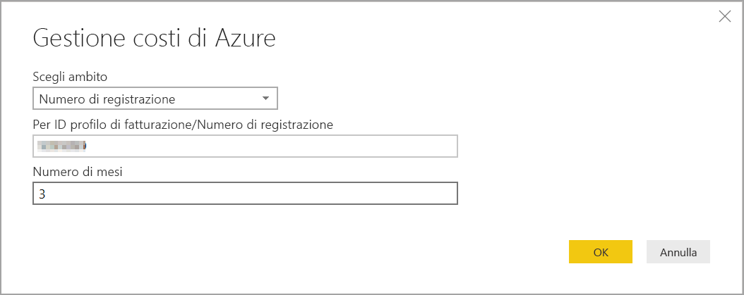 Screenshot che mostra le proprietà di Gestione costi Microsoft con un ambito di numero di registrazione.