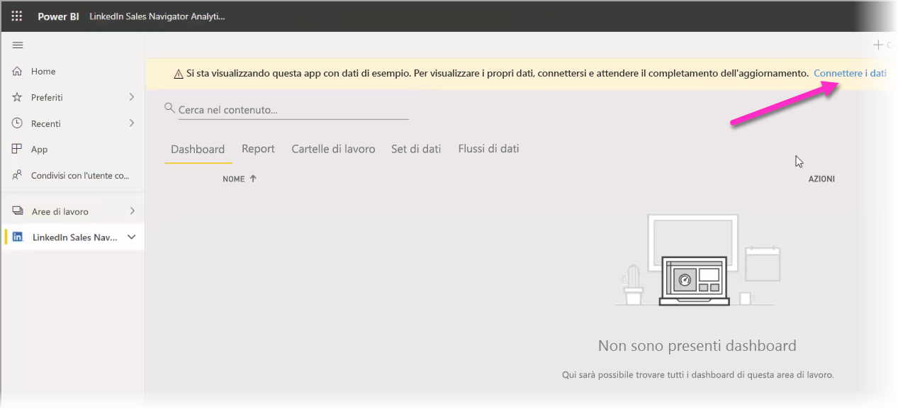 Screenshot che mostra il collegamento Connetti i dati nel servizio Power BI.