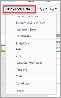 Screenshot of the Power Query Editor, showing the Data type dropdown selection.