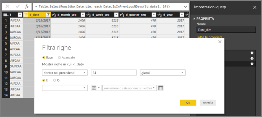 Screenshot that shows filtering rows for the last 14 days.