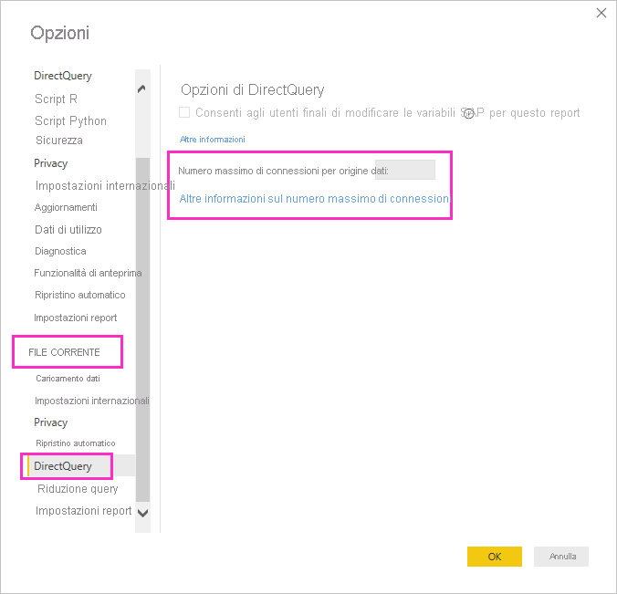 Screenshot that shows setting maximum DirectQuery connections.