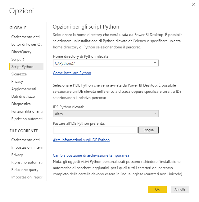 Screenshot of the Options dialog, showing Other entered in the Detected Python IDE field.